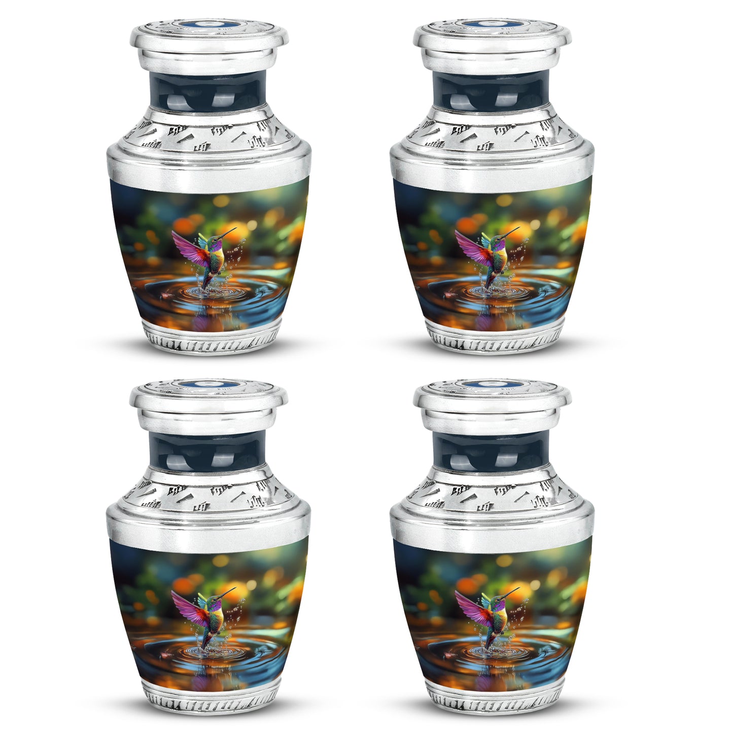 Pine Green Hummingbird Cremation Urn back view with polished surface - artistic hummingbird interpretation with creative detail - 10 inch aluminum urn for cremated remains