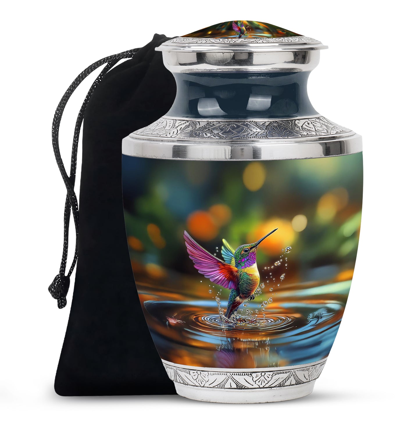 Olive Green Hummingbird Cremation Urn side profile showing urn shape - artistic hummingbird interpretation with creative detail - full-size 10 inch 200 cubic inch adult cremation urn