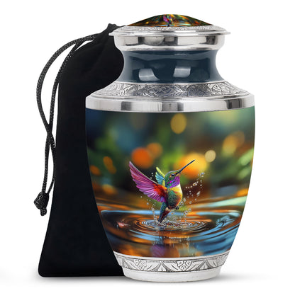 Olive Green Hummingbird Cremation Urn side profile showing urn shape - artistic hummingbird interpretation with creative detail - full-size 10 inch 200 cubic inch adult cremation urn