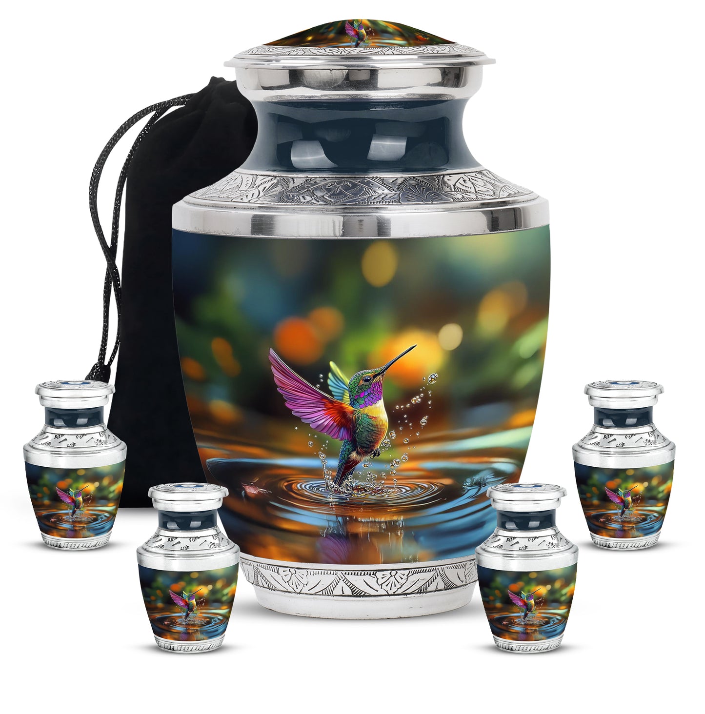 Olive Green Hummingbird Cremation Urn lifestyle display on memorial shelf - artistic hummingbird interpretation with creative detail - memorial set with one large and four small urns