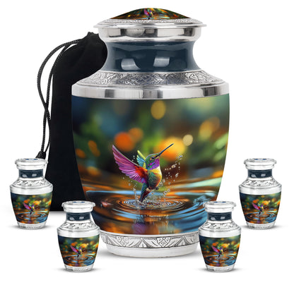 Olive Green Hummingbird Cremation Urn lifestyle display on memorial shelf - artistic hummingbird interpretation with creative detail - memorial set with one large and four small urns