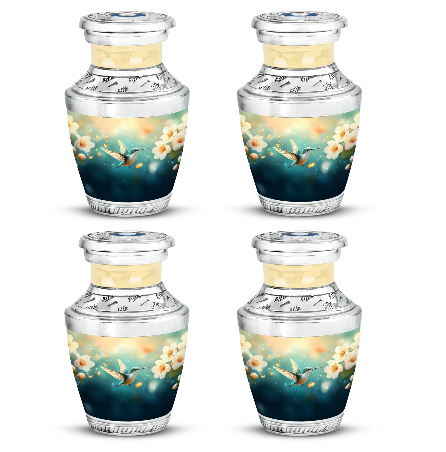 Jewel Teal Hummingbird Cremation Urn back view with polished surface - contemporary hummingbird design with modern artistic flair - 10 inch aluminum urn for cremated remains