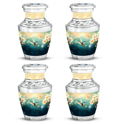 Jewel Teal Hummingbird Cremation Urn back view with polished surface - contemporary hummingbird design with modern artistic flair - 10 inch aluminum urn for cremated remains