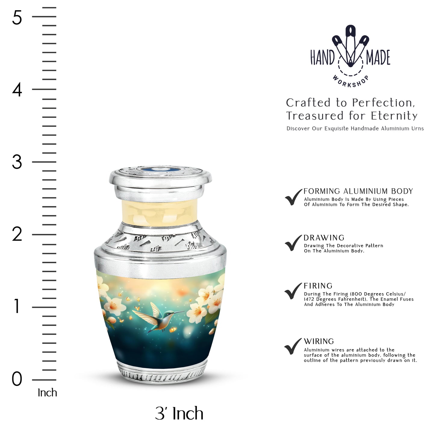 Aqua Teal Hummingbird Cremation Urn top-down view of secure threaded lid - artistic hummingbird interpretation with creative detail - mini keepsake memorial for portion of cremation ashes