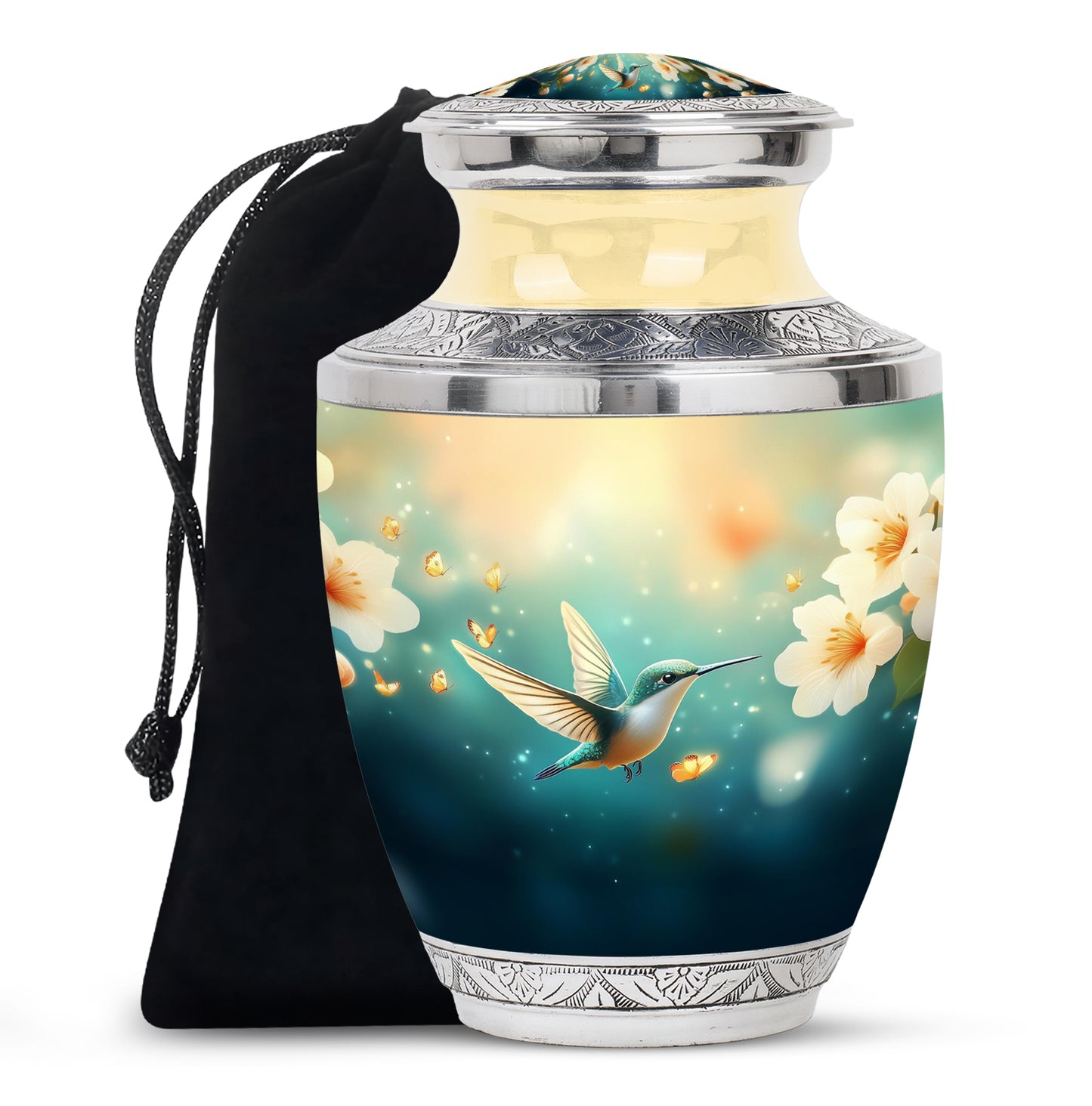 Sea Green Teal Hummingbird Cremation Urn side profile showing urn shape - modern art-inspired hummingbird motif on sleek aluminum - full-size 10 inch 200 cubic inch adult cremation urn
