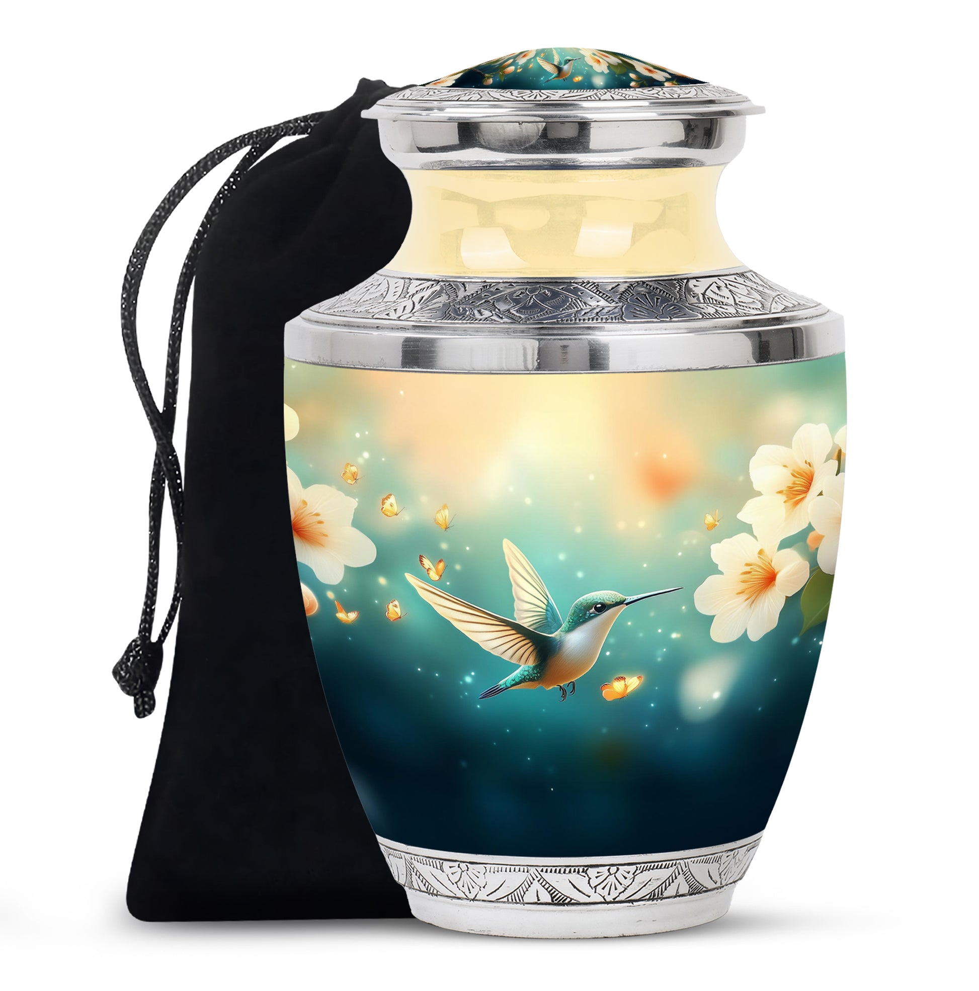 Sea Green Teal Hummingbird Cremation Urn side profile showing urn shape - modern art-inspired hummingbird motif on sleek aluminum - full-size 10 inch 200 cubic inch adult cremation urn