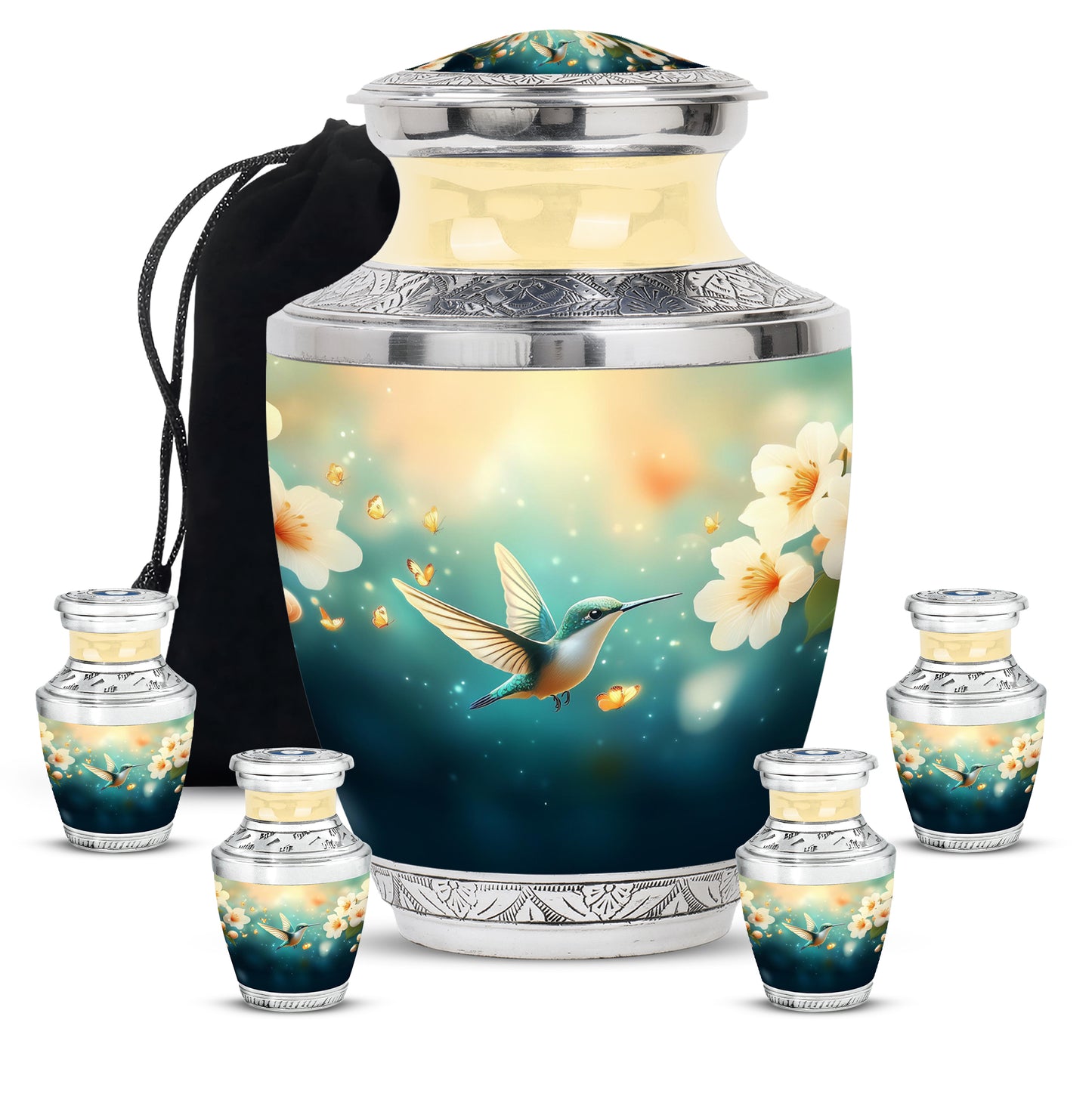 Jewel Teal Hummingbird Cremation Urn lifestyle display on memorial shelf - contemporary hummingbird design with modern artistic flair - memorial set with one large and four small urns