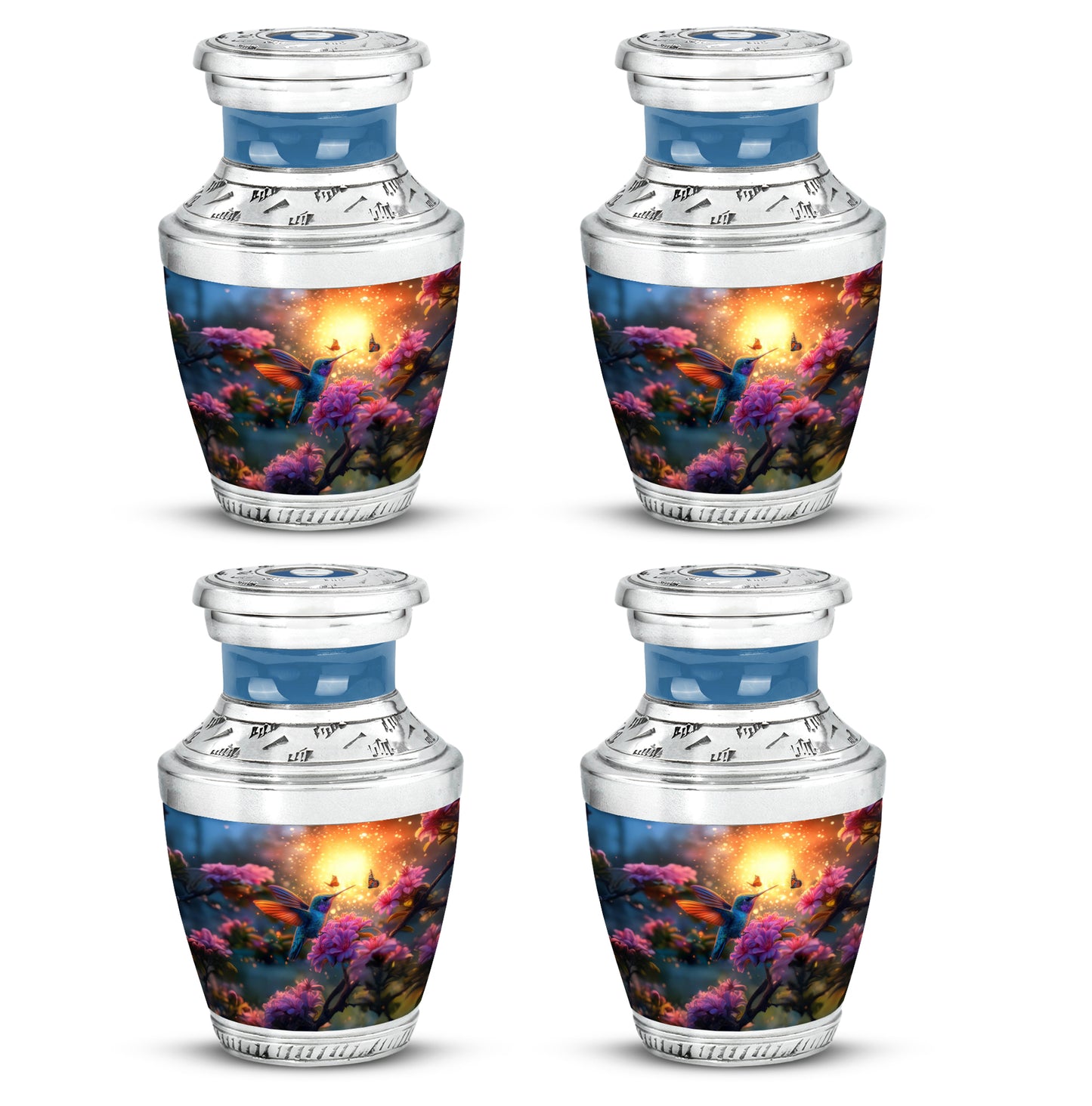 Gilded Gold Hummingbird Cremation Urn back view with polished surface - modern art-inspired hummingbird motif on sleek aluminum - 10 inch aluminum urn for cremated remains