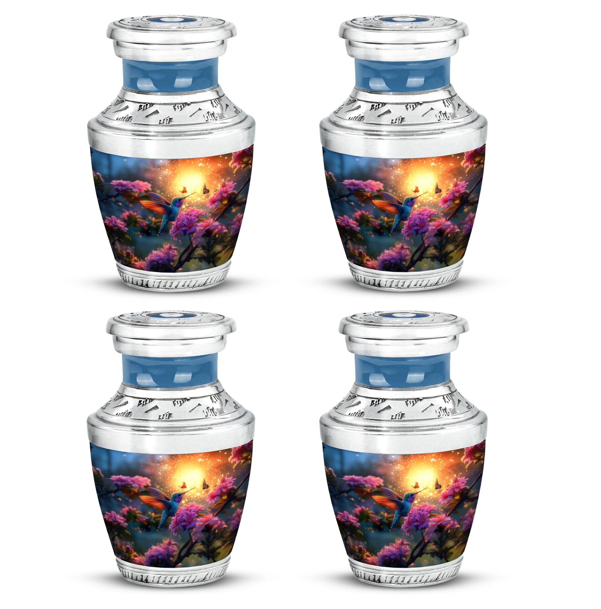 Gilded Gold Hummingbird Cremation Urn back view with polished surface - modern art-inspired hummingbird motif on sleek aluminum - 10 inch aluminum urn for cremated remains