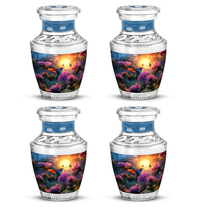 Gilded Gold Hummingbird Cremation Urn back view with polished surface - modern art-inspired hummingbird motif on sleek aluminum - 10 inch aluminum urn for cremated remains
