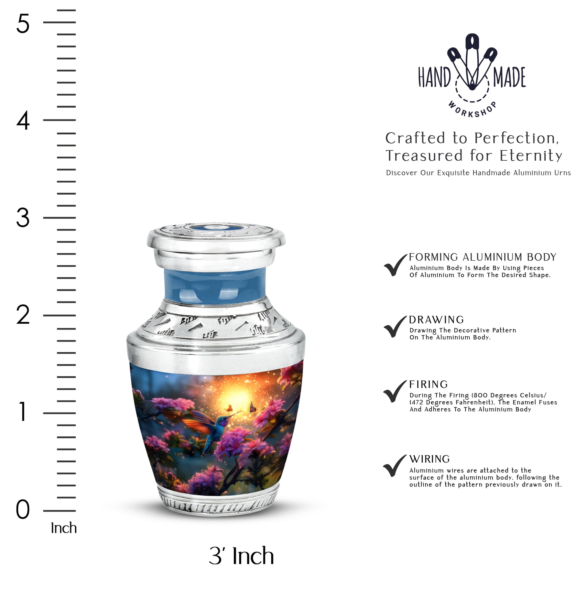 Warm Gold Hummingbird Cremation Urn top-down view of secure threaded lid - artistic hummingbird interpretation with creative detail - mini keepsake memorial for portion of cremation ashes