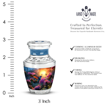 Warm Gold Hummingbird Cremation Urn top-down view of secure threaded lid - artistic hummingbird interpretation with creative detail - mini keepsake memorial for portion of cremation ashes