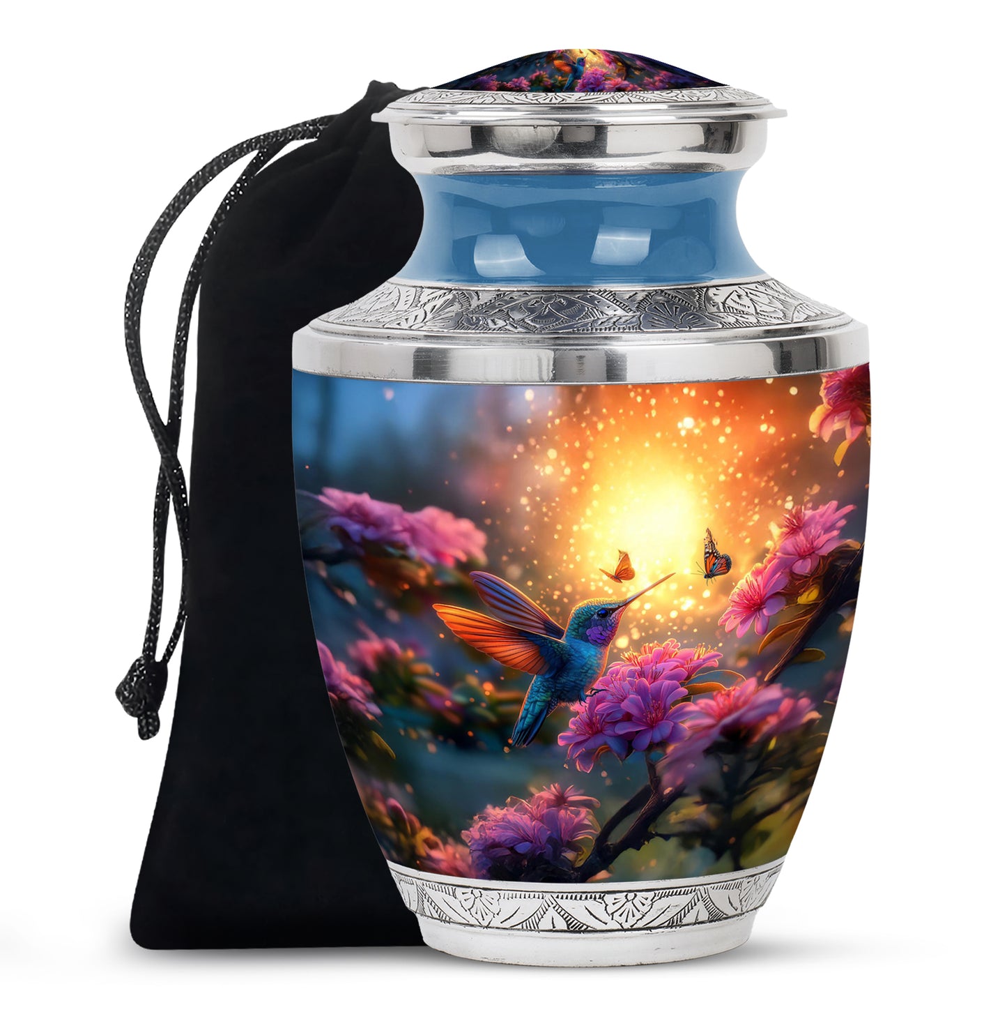 Matte Gold Hummingbird Cremation Urn side profile showing urn shape - stylized abstract hummingbird pattern with bold lines - full-size 10 inch 200 cubic inch adult cremation urn