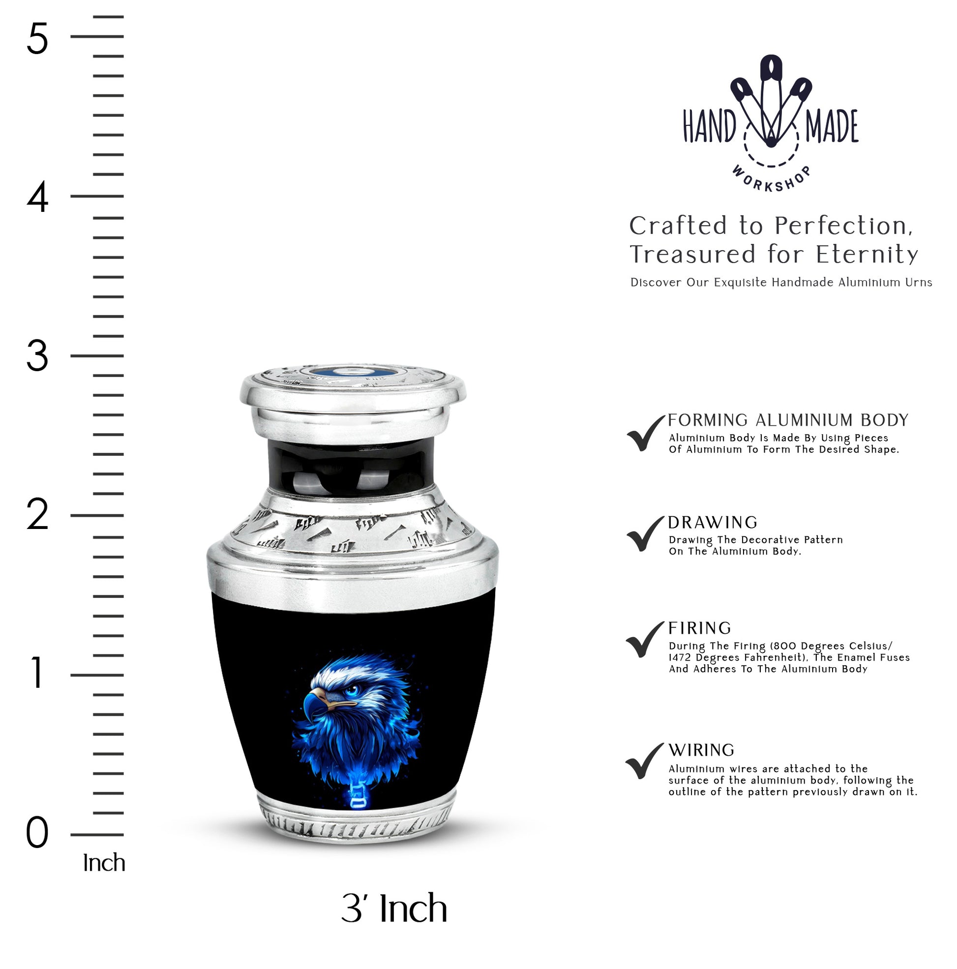 Onyx Black Eagle Cremation Urn top-down view of secure threaded lid - artistic eagle interpretation with creative detail - mini keepsake memorial for portion of cremation ashes