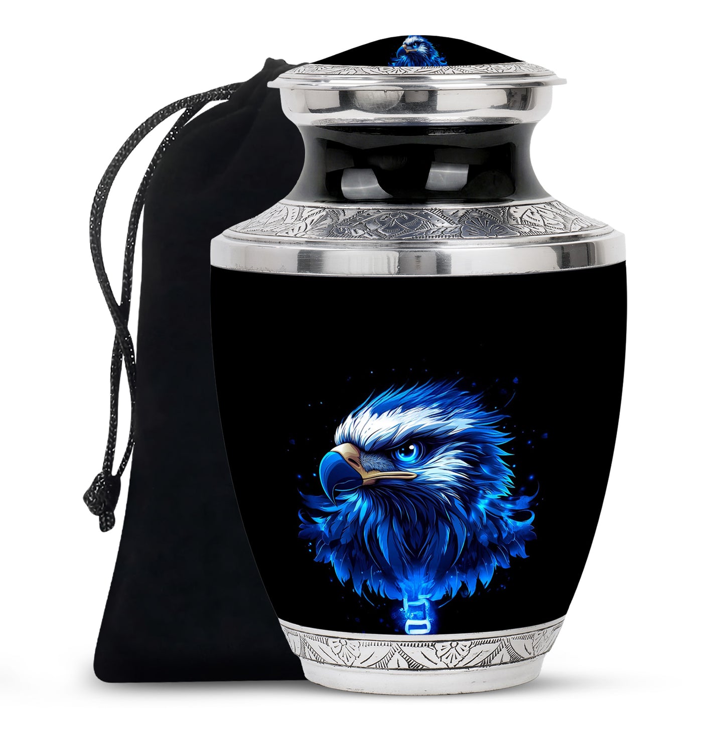 Charcoal Black Eagle Cremation Urn side profile showing urn shape - stylized abstract eagle pattern with bold lines - full-size 10 inch 200 cubic inch adult cremation urn