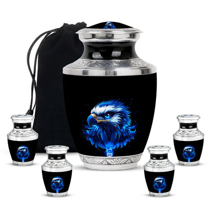 Dark Black Eagle Cremation Urn lifestyle display on memorial shelf - stylized abstract eagle pattern with bold lines - memorial set with one large and four small urns
