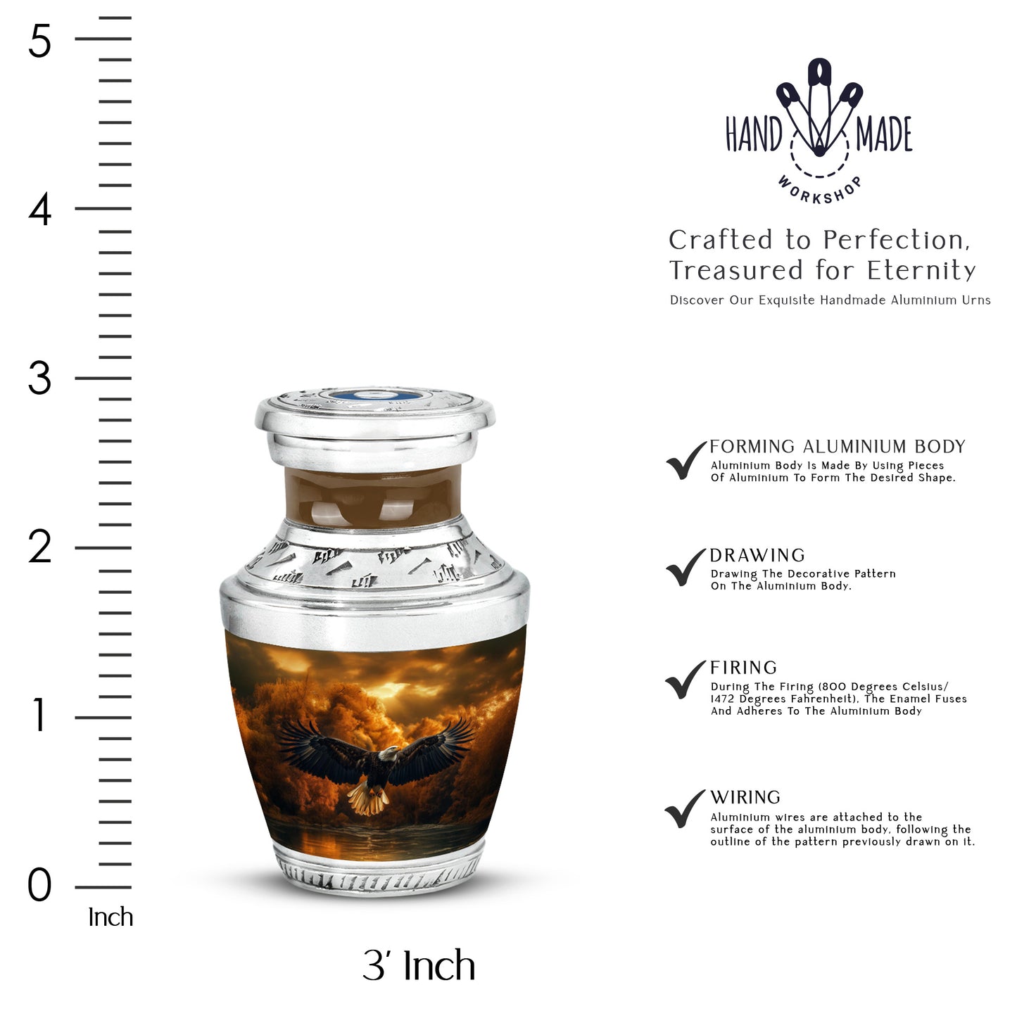 Antique Gold Eagle Cremation Urn top-down view of secure threaded lid - contemporary eagle design with modern artistic flair - mini keepsake memorial for portion of cremation ashes
