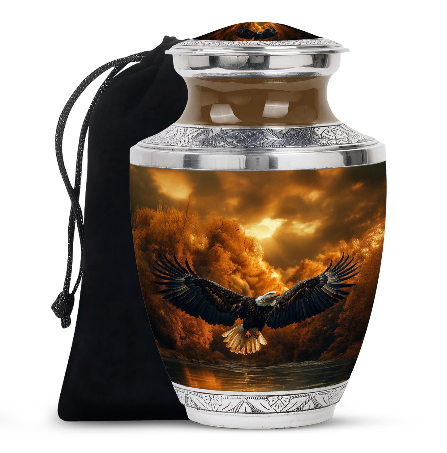 Amber Gold Eagle Cremation Urn side profile showing urn shape - contemporary eagle design with modern artistic flair - full-size 10 inch 200 cubic inch adult cremation urn