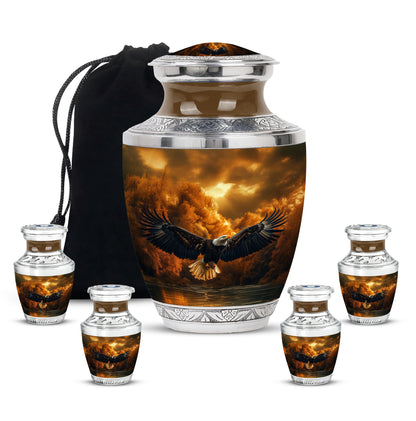 Sunrise Gold Eagle Cremation Urn lifestyle display on memorial shelf - contemporary eagle design with modern artistic flair - memorial set with one large and four small urns