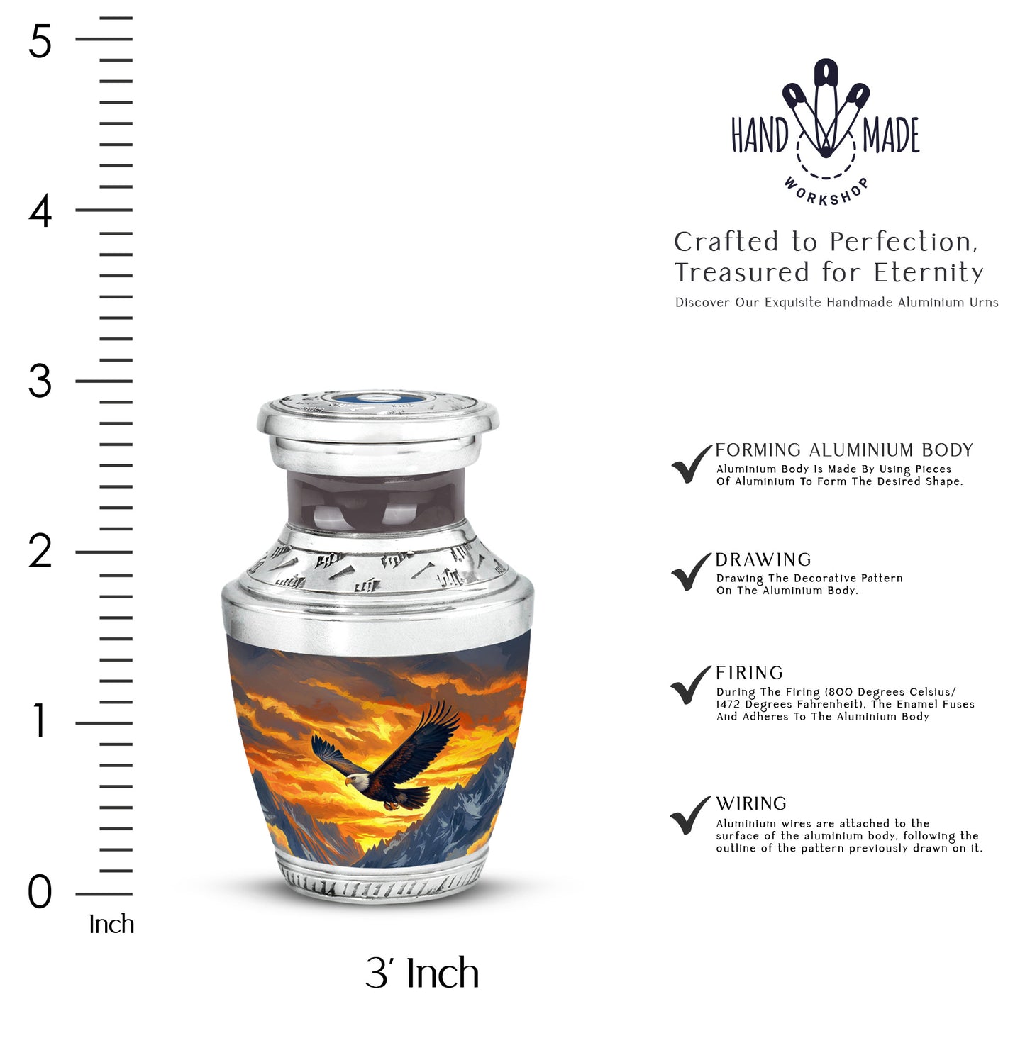 Matte Gold Eagle Cremation Urn top-down view of secure threaded lid - stylized abstract eagle pattern with bold lines - mini keepsake memorial for portion of cremation ashes