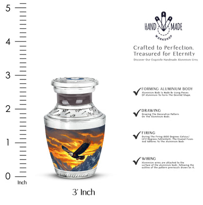 Matte Gold Eagle Cremation Urn top-down view of secure threaded lid - stylized abstract eagle pattern with bold lines - mini keepsake memorial for portion of cremation ashes