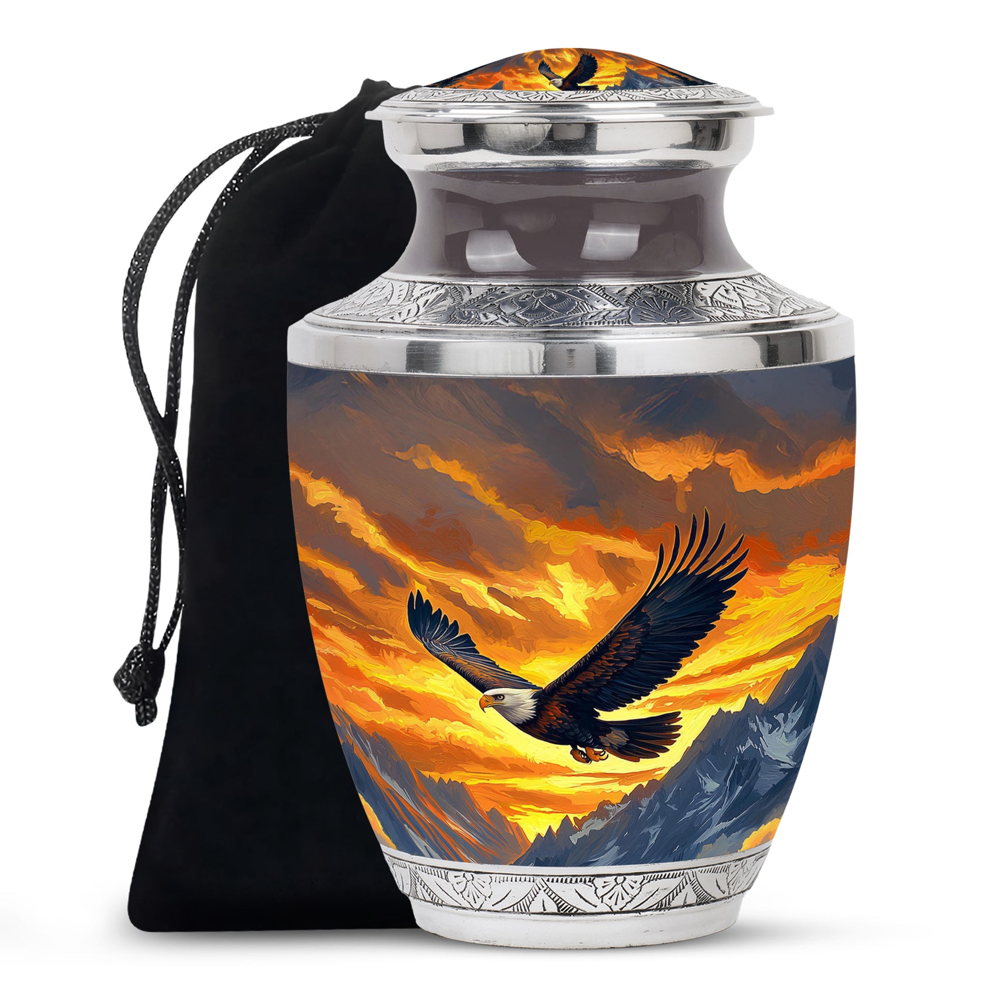 Warm Gold Eagle Cremation Urn side profile showing urn shape - artistic eagle interpretation with creative detail - full-size 10 inch 200 cubic inch adult cremation urn