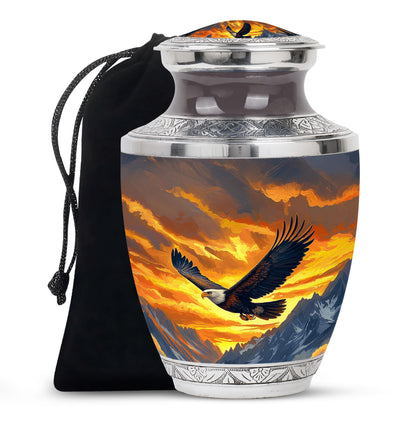Warm Gold Eagle Cremation Urn side profile showing urn shape - artistic eagle interpretation with creative detail - full-size 10 inch 200 cubic inch adult cremation urn