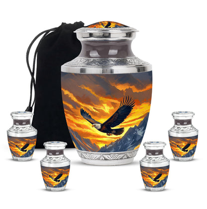 Warm Gold Eagle Cremation Urn lifestyle display on memorial shelf - artistic eagle interpretation with creative detail - memorial set with one large and four small urns