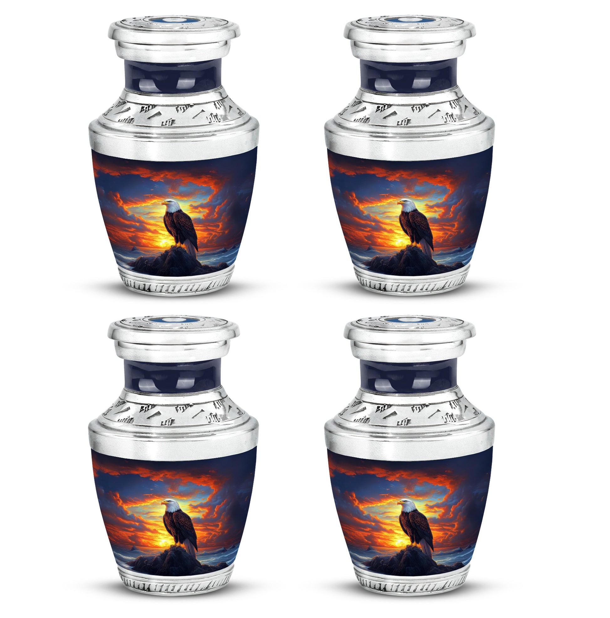 Indigo Eagle Cremation Urn back view with polished surface - contemporary eagle design with modern artistic flair - 10 inch aluminum urn for cremated remains