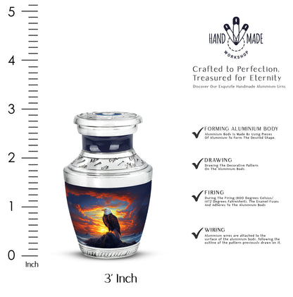 Dusty Blue Eagle Cremation Urn top-down view of secure threaded lid - contemporary eagle design with modern artistic flair - mini keepsake memorial for portion of cremation ashes