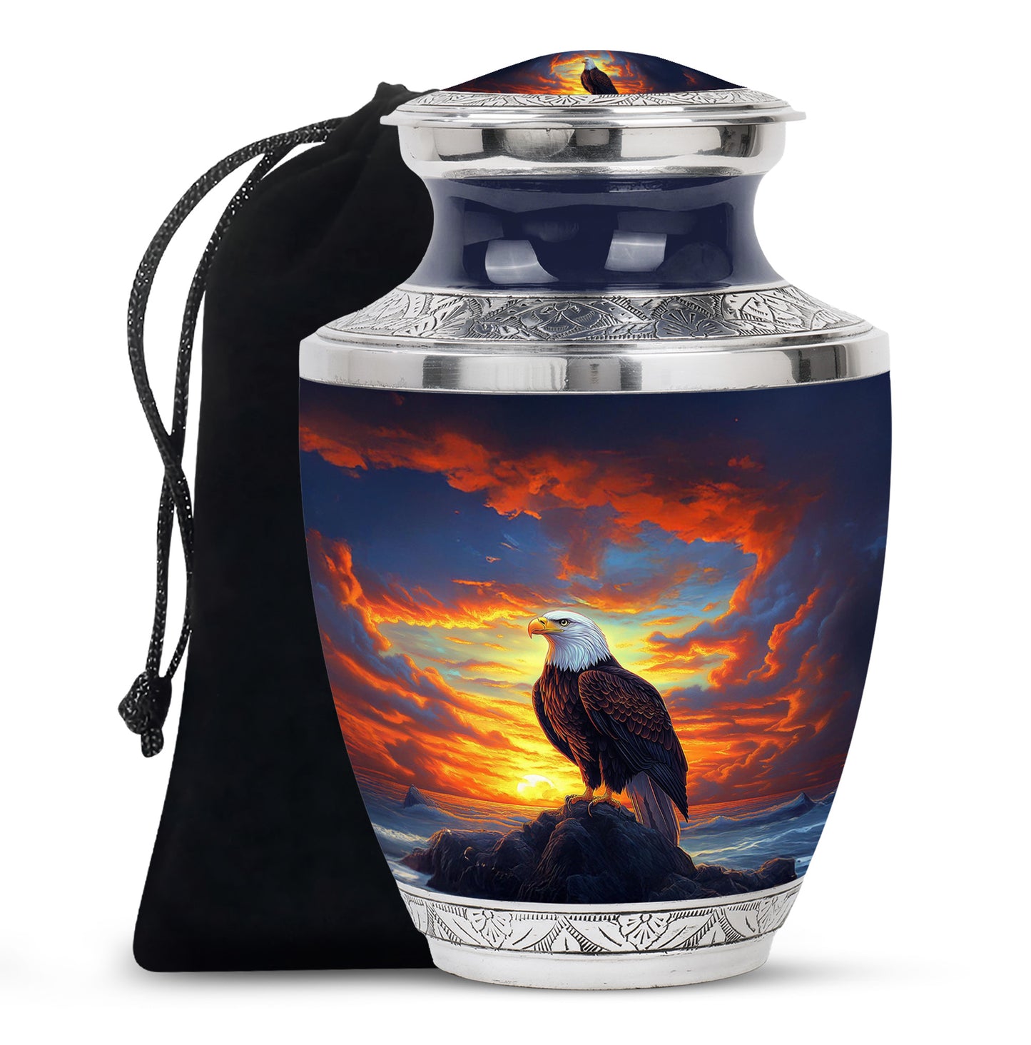 Steel Blue Eagle Cremation Urn side profile showing urn shape - stylized abstract eagle pattern with bold lines - full-size 10 inch 200 cubic inch adult cremation urn
