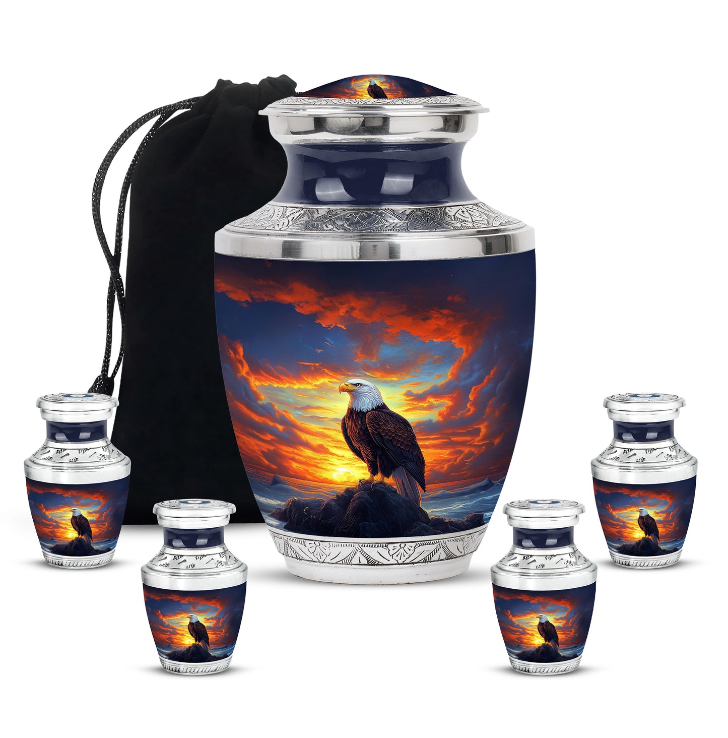 Dusty Blue Eagle Cremation Urn lifestyle display on memorial shelf - modern art-inspired eagle motif on sleek aluminum - memorial set with one large and four small urns