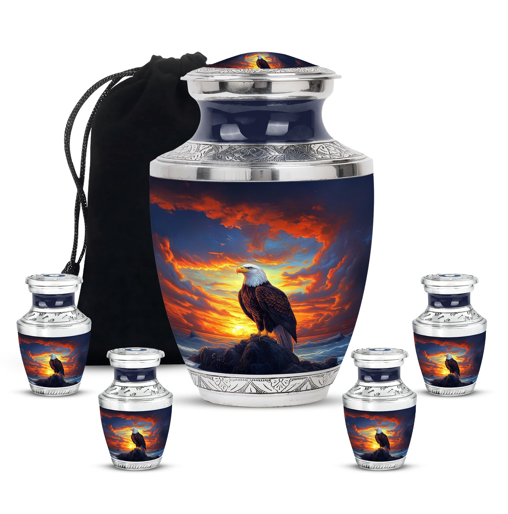 Dusty Blue Eagle Cremation Urn lifestyle display on memorial shelf - modern art-inspired eagle motif on sleek aluminum - memorial set with one large and four small urns