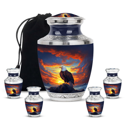 Dusty Blue Eagle Cremation Urn lifestyle display on memorial shelf - modern art-inspired eagle motif on sleek aluminum - memorial set with one large and four small urns