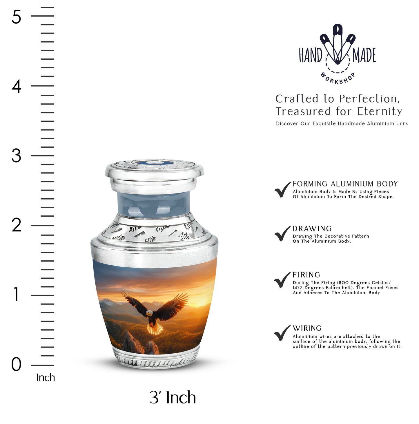Matte Gold Eagle Cremation Urn top-down view of secure threaded lid - stylized abstract eagle pattern with bold lines - mini keepsake memorial for portion of cremation ashes