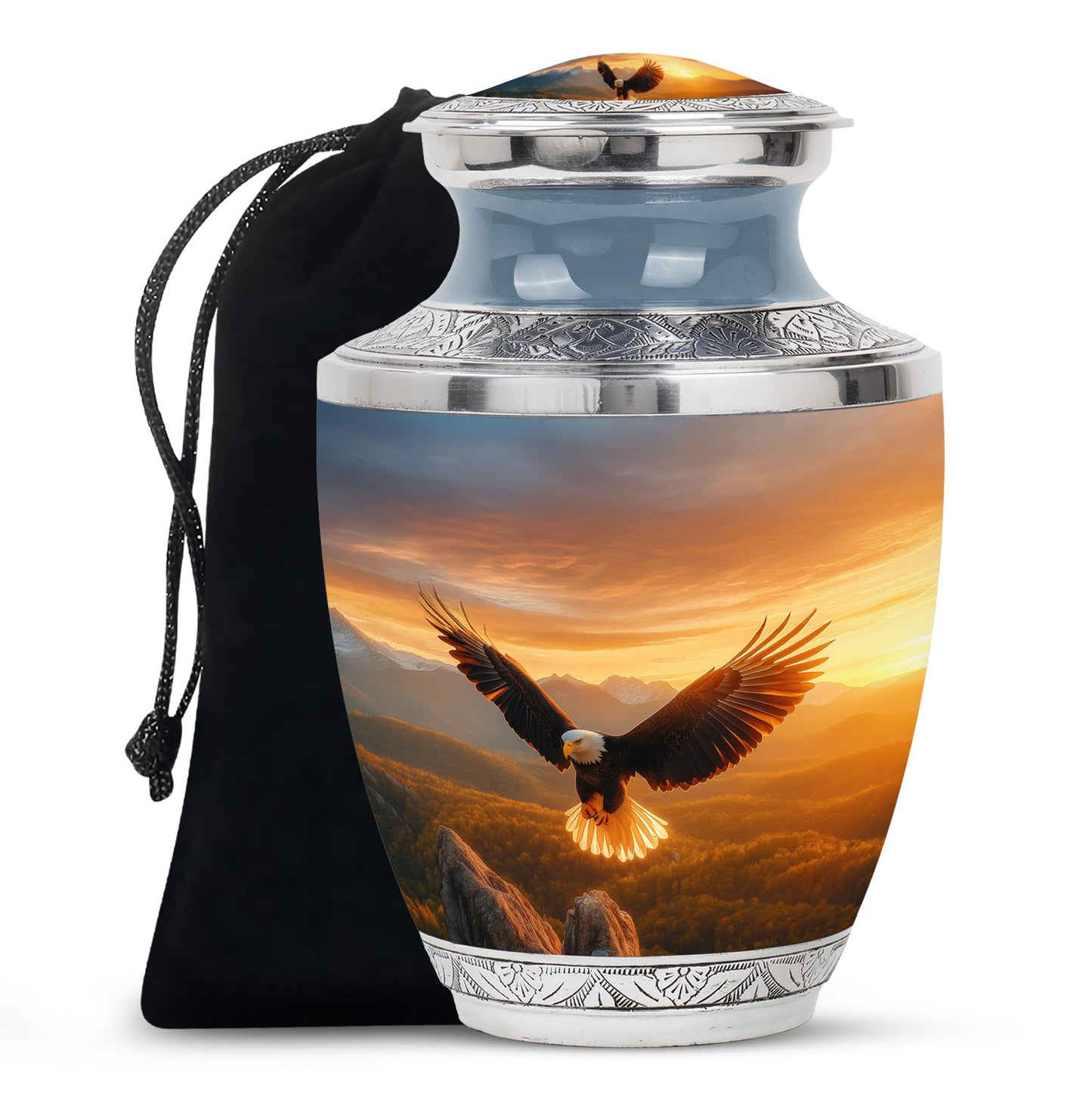 Amber Gold Eagle Cremation Urn side profile showing urn shape - modern art-inspired eagle motif on sleek aluminum - full-size 10 inch 200 cubic inch adult cremation urn