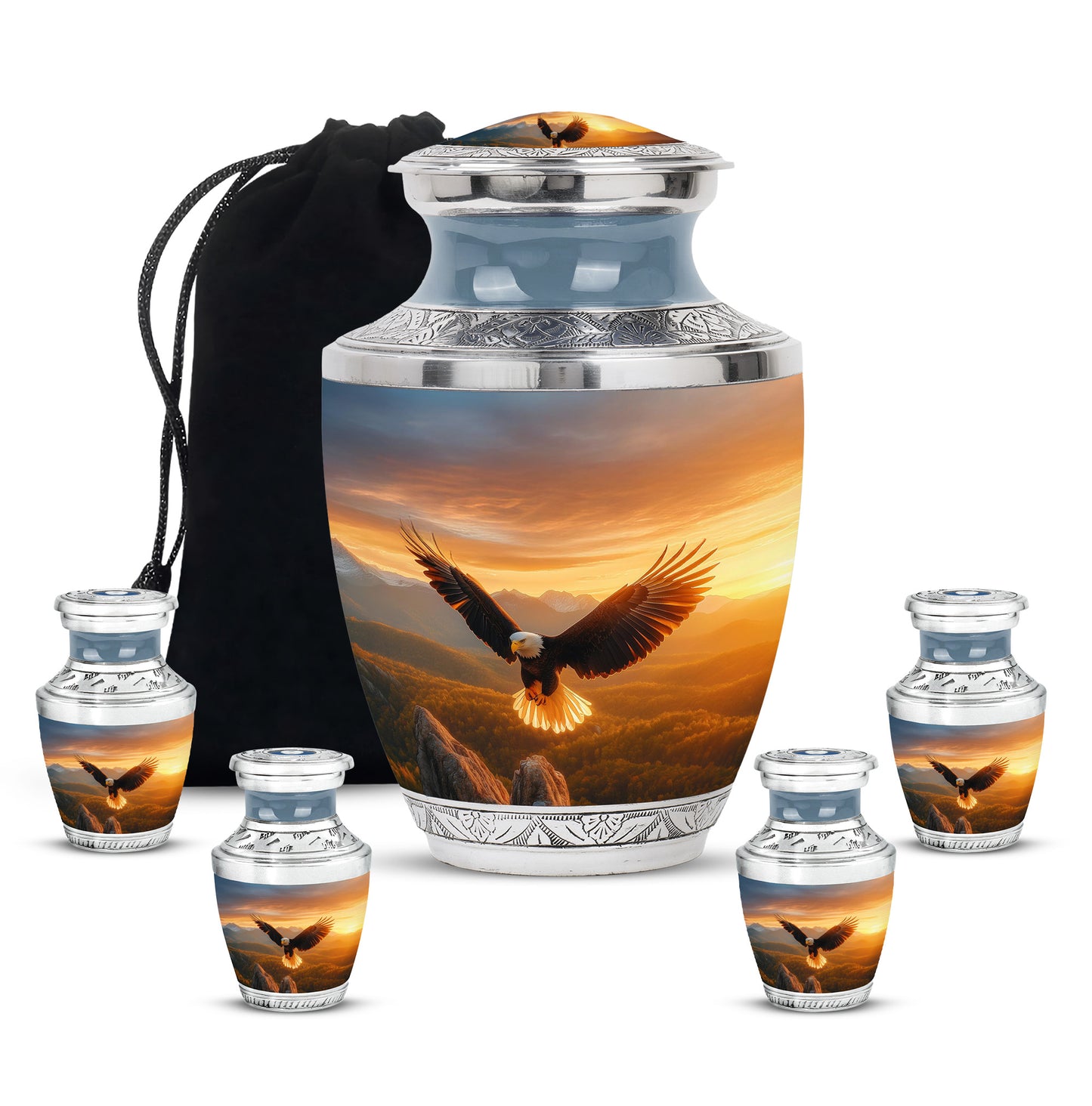 Burnished Gold Eagle Cremation Urn lifestyle display on memorial shelf - artistic eagle interpretation with creative detail - memorial set with one large and four small urns