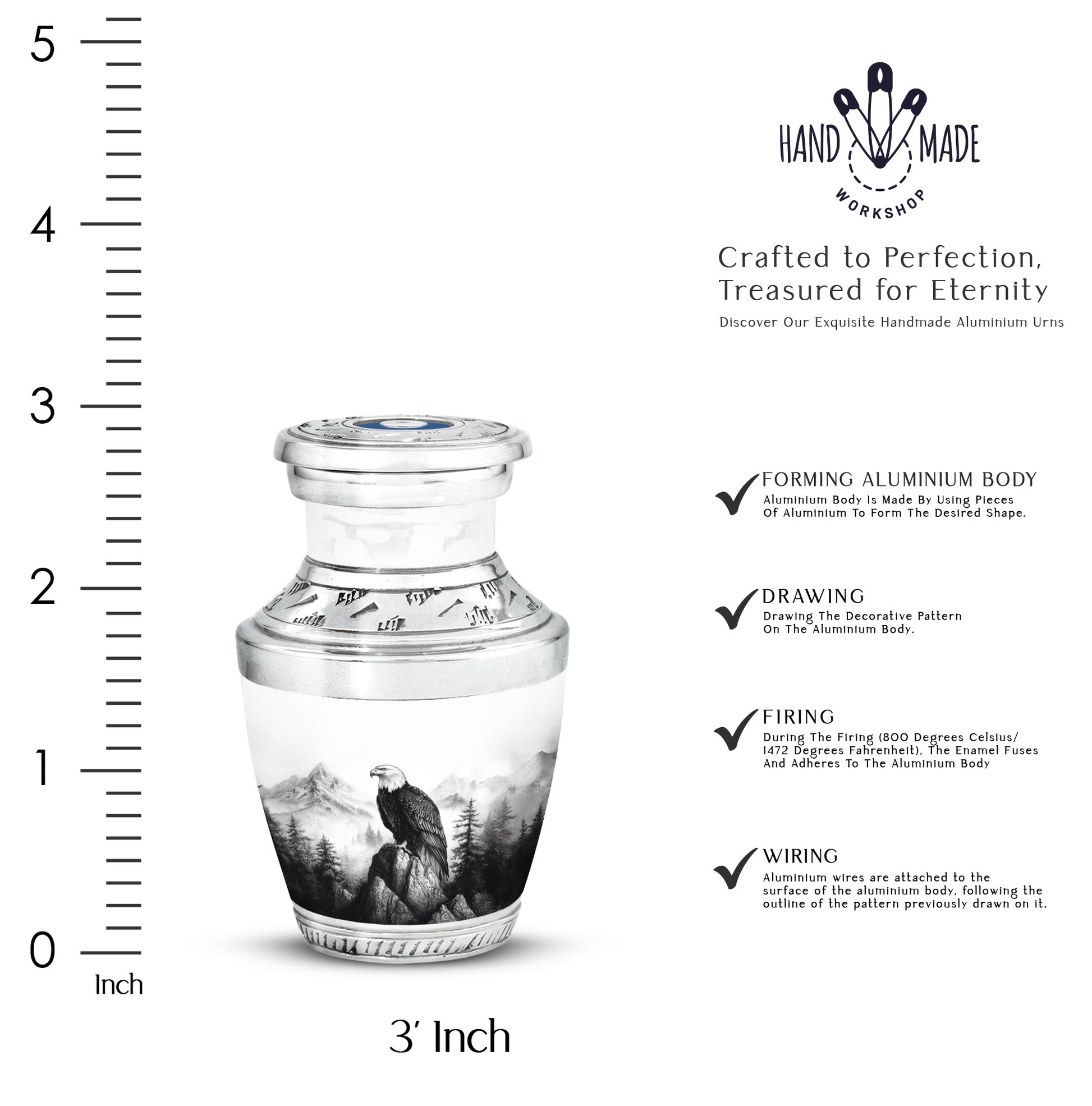 Moonlight Silver Eagle Cremation Urn top-down view of secure threaded lid - artistic eagle interpretation with creative detail - mini keepsake memorial for portion of cremation ashes