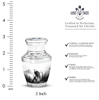 Moonlight Silver Eagle Cremation Urn top-down view of secure threaded lid - artistic eagle interpretation with creative detail - mini keepsake memorial for portion of cremation ashes