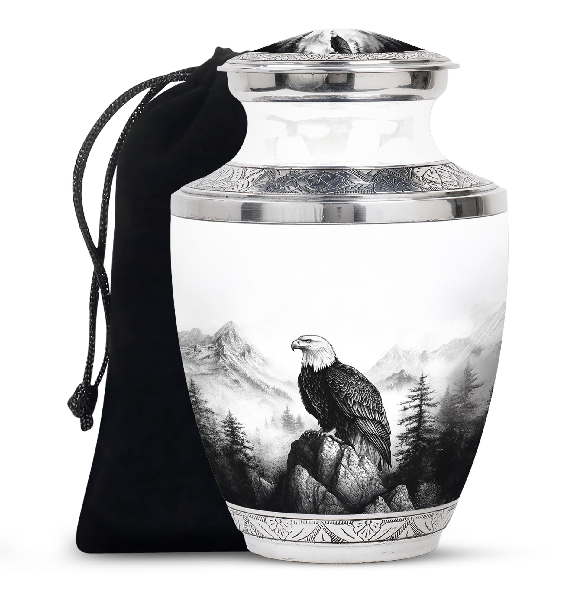 Platinum Silver Eagle Cremation Urn side profile showing urn shape - modern art-inspired eagle motif on sleek aluminum - full-size 10 inch 200 cubic inch adult cremation urn