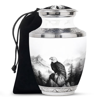 Platinum Silver Eagle Cremation Urn side profile showing urn shape - modern art-inspired eagle motif on sleek aluminum - full-size 10 inch 200 cubic inch adult cremation urn