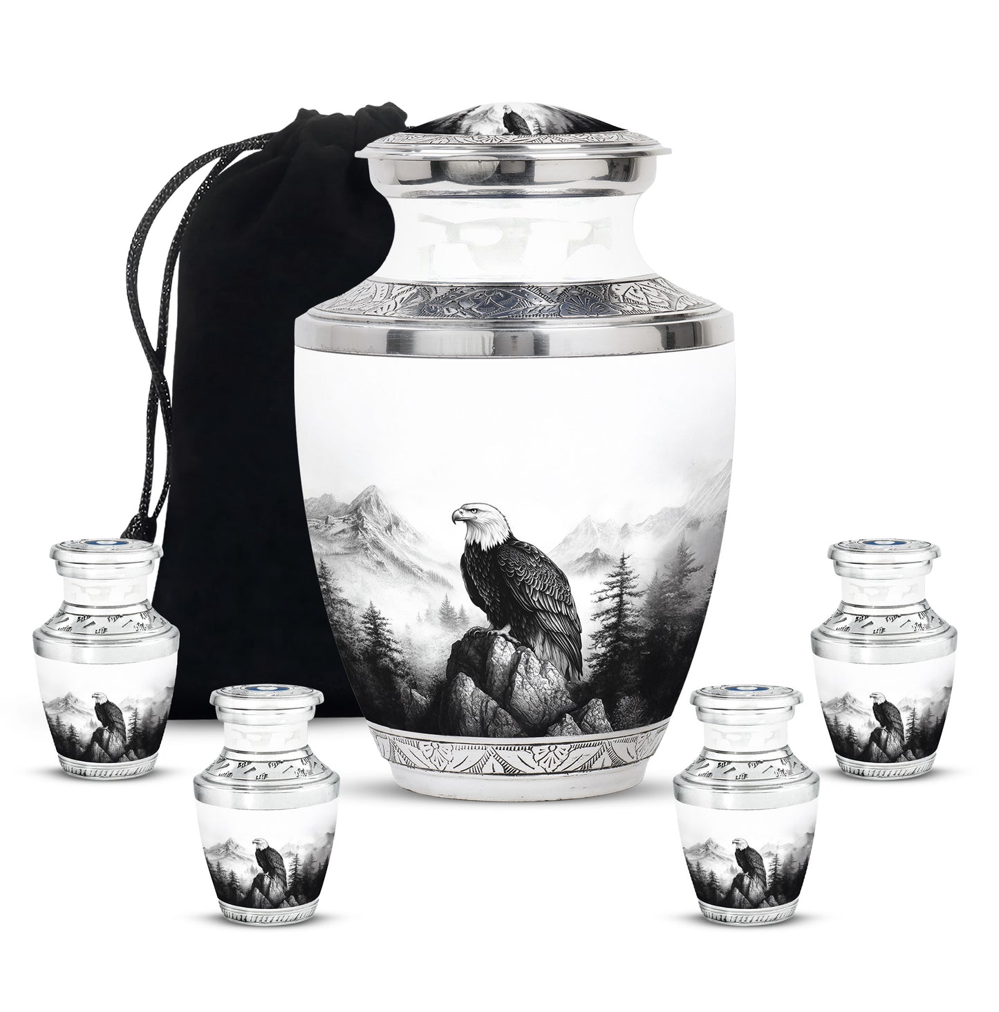Gleaming Silver Eagle Cremation Urn lifestyle display on memorial shelf - contemporary eagle design with modern artistic flair - memorial set with one large and four small urns