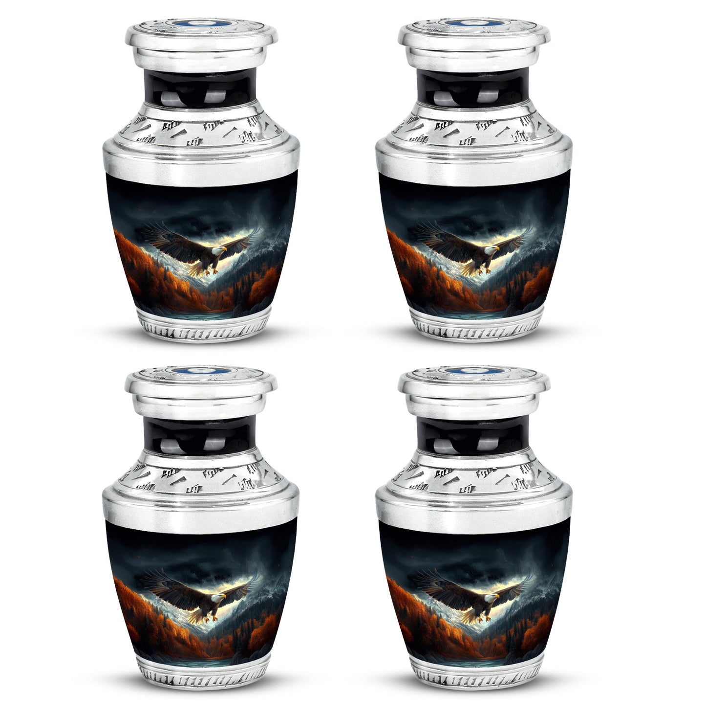 Obsidian Black Eagle Cremation Urn back view with polished surface - stylized abstract eagle pattern with bold lines - 10 inch aluminum urn for cremated remains