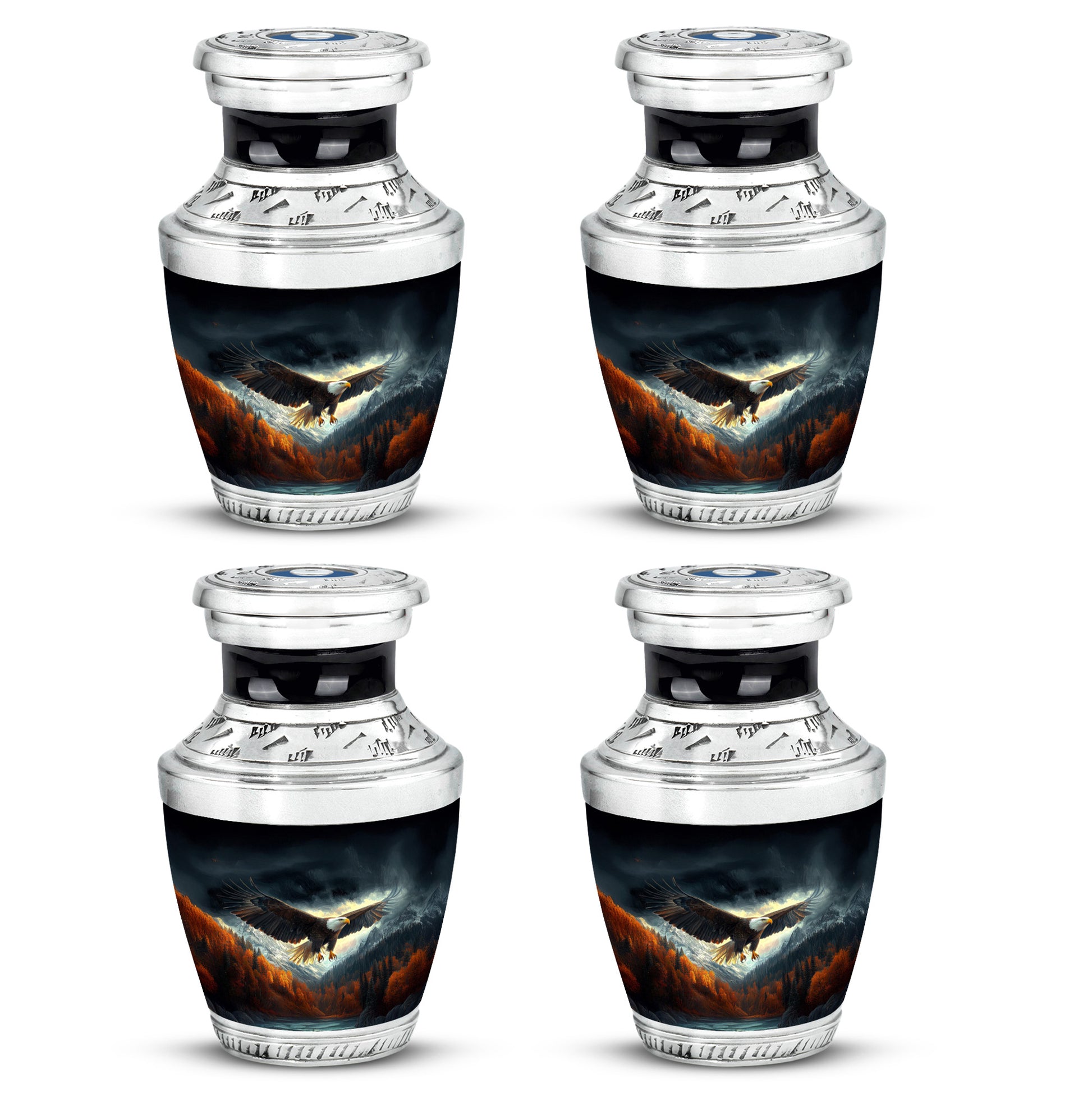 Obsidian Black Eagle Cremation Urn back view with polished surface - stylized abstract eagle pattern with bold lines - 10 inch aluminum urn for cremated remains