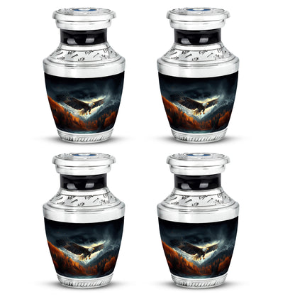 Obsidian Black Eagle Cremation Urn back view with polished surface - stylized abstract eagle pattern with bold lines - 10 inch aluminum urn for cremated remains