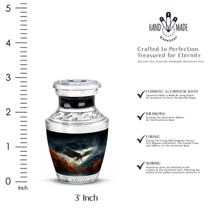 Obsidian Black Eagle Cremation Urn top-down view of secure threaded lid - artistic eagle interpretation with creative detail - mini keepsake memorial for portion of cremation ashes