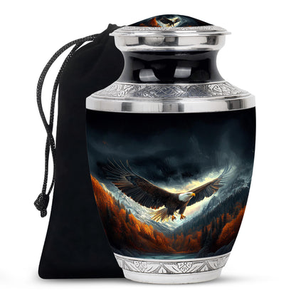 Glossy Black Eagle Cremation Urn side profile showing urn shape - contemporary eagle design with modern artistic flair - full-size 10 inch 200 cubic inch adult cremation urn