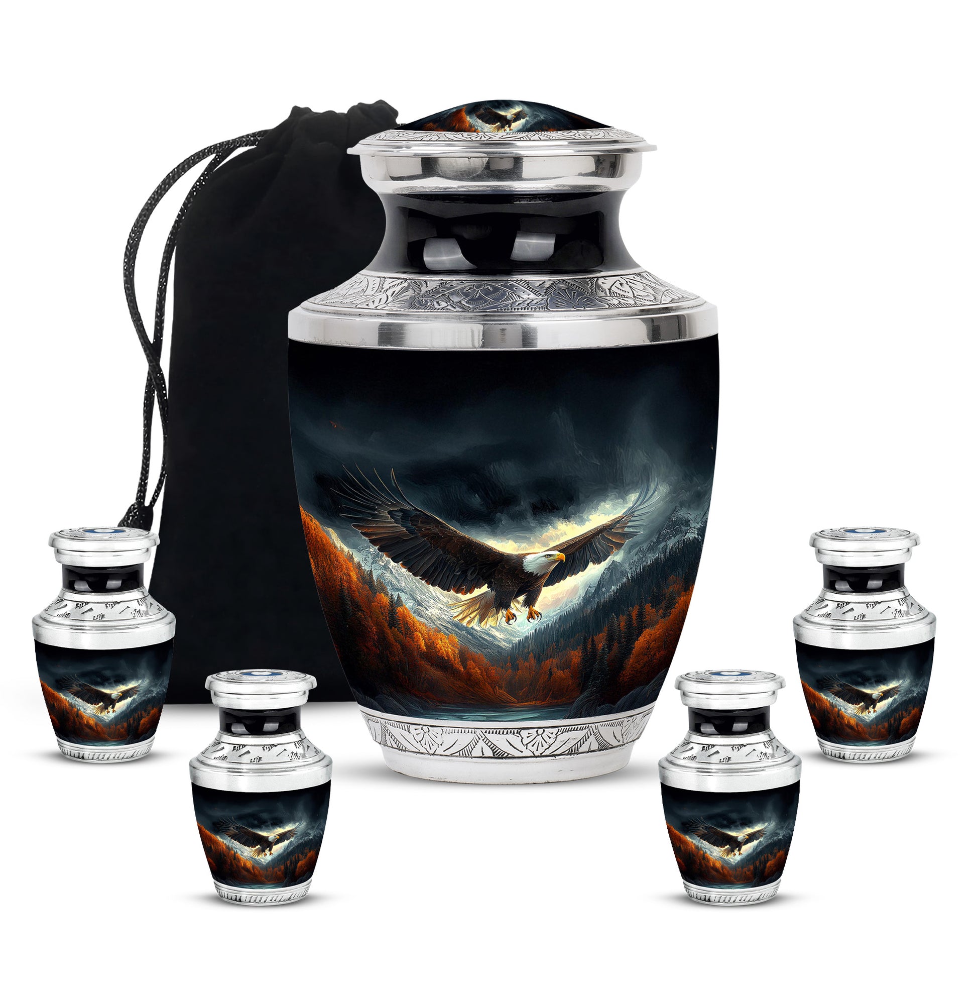 Onyx Black Eagle Cremation Urn lifestyle display on memorial shelf - artistic eagle interpretation with creative detail - memorial set with one large and four small urns