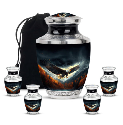 Onyx Black Eagle Cremation Urn lifestyle display on memorial shelf - artistic eagle interpretation with creative detail - memorial set with one large and four small urns