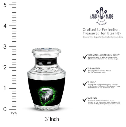 Onyx Black Eagle Cremation Urn top-down view of secure threaded lid - stylized abstract eagle pattern with bold lines - mini keepsake memorial for portion of cremation ashes